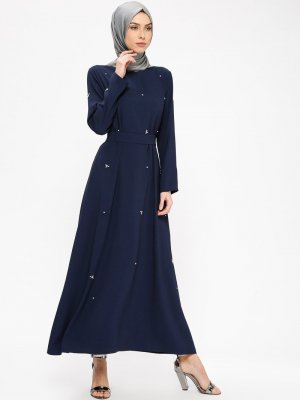 Filizzade Lacivert Taşlı Kuşaklı Elbise