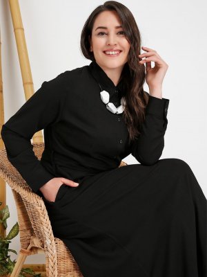 Alia Siyah Doğal Kumaşlı Boydan Düğmeli Elbise