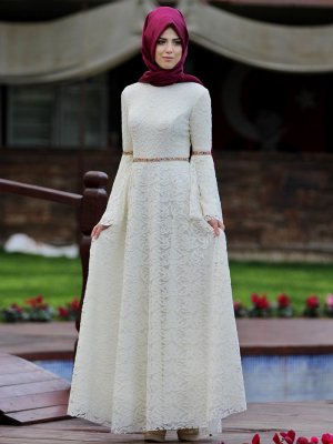 Nurkombin Krem Nur Abiye Elbise
