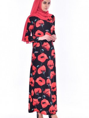 Sefamerve Siyah Kırmızı Desenli Örme Krep Elbise