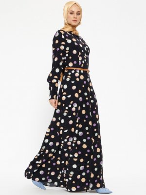 NL17 Collection Siyah Boydan Düğmeli Pauntiyeli Elbise
