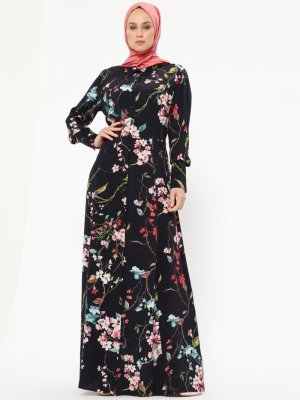 NL17 Collection Siyah Boydan Düğmeli Desenli Elbise