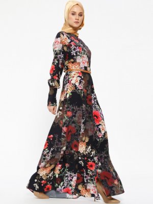 NL17 Collection Siyah Boydan Düğmeli Desenli Elbise