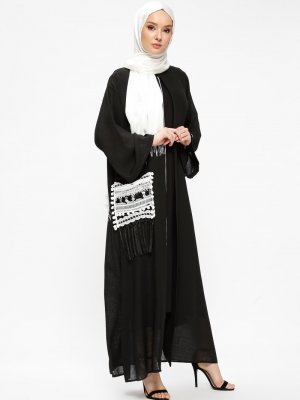 Ajal Siyah Güpür Detaylı Ferace&Elbise İkili Takım