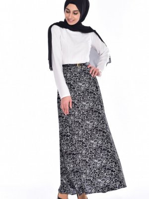 Sefamerve Siyah Beyaz Viskon Emprime Elbise