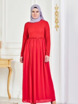 Sefamerve Kırmızı Dantelli Abiye Elbise