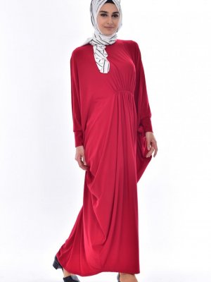 Sefamerve Kırmızı Beli Büzgülü Basic Elbise