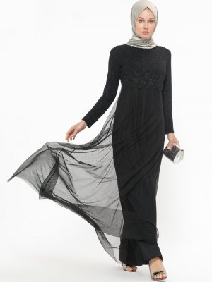 Tavin Siyah Güpür Detaylı Simli Abiye Elbise
