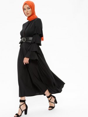 Al Tatari Siyah Volan Detaylı Elbise