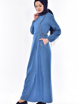 Sefamerve Mavi İnci Detaylı Kot Elbise