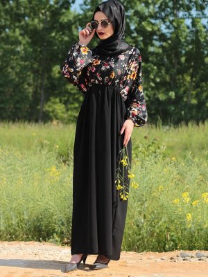 Fatma Aydın Siyah Çiçek Desenli Elbise Ferace