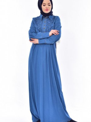 Sefamerve Mavi Nakış Detaylı Kot Elbise