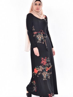 Sefamerve Siyah Çiçek Desenli Elbise