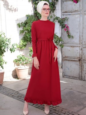 Selma Sarı Design Bordo Mira Fırfırlı Elbise