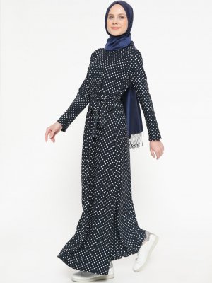 İLMEK TRİKO Lacivert Puantiyeli Elbise