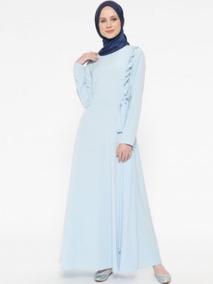 CASHCARA Mavi Fırfır Detaylı Elbise