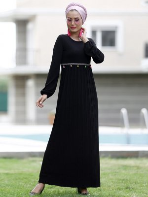Myzen Siyah Bel İşlemeli Pilise Elbise