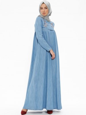 Ginezza Mavi Nakışlı Kot Elbise
