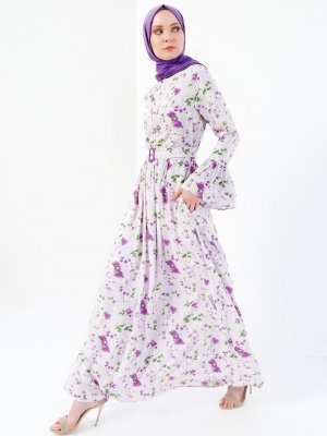 Refka Lila Doğal Kumaşlı Floral Desenli Elbise