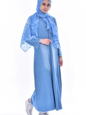 Sefamerve Kot Mavi Bağcıklı Kot Elbise