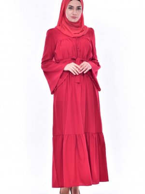 Sefamerve Kırmızı Büzgülü Düğmeli Elbise