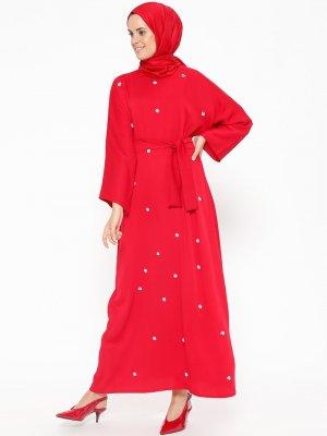 Tuncay Açık Kırmızı Boncuk İşlemeli Elbise