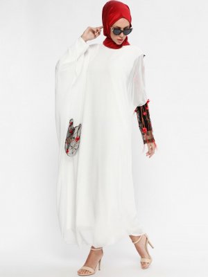Ajal Beyaz Nakışlı Ferace&Elbise İkili Takım