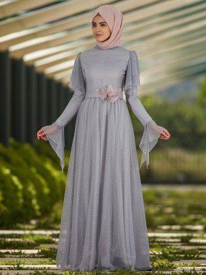 SomFashion Mavi Puantiye Abiye Elbise