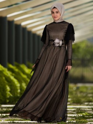 SomFashion Siyah Puantiye Abiye Elbise