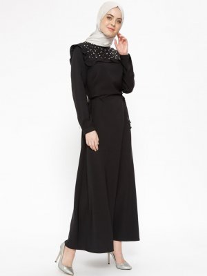 CML Collection Siyah İncili Elbise
