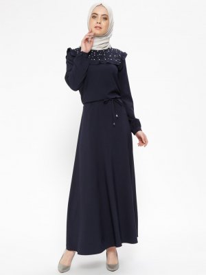 CML Collection Lacivert İncili Elbise