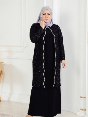 Sefamerve Siyah Büyük Beden Ceket Elbise Abiye İkili Takım