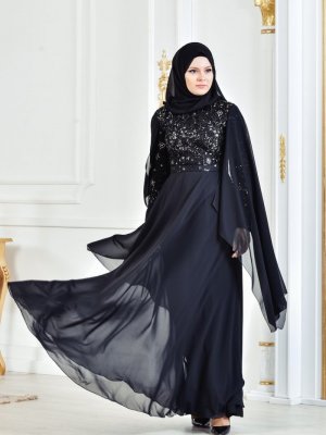Sefamerve Siyah Payetli Abiye Elbise