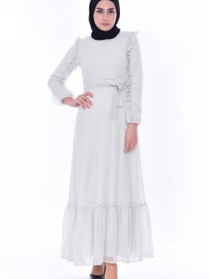 Sefamerve Beyaz Fırfırlı Kuşaklı Elbise