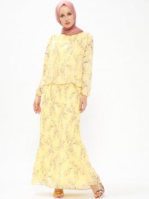 BÜRÜN Sarı Desenli Piliseli Elbise