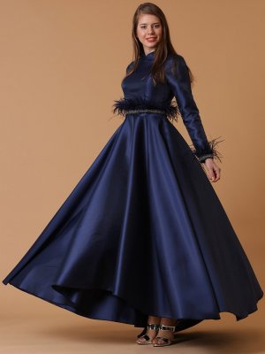 JAQAR Lacivert Tül Detaylı Şifon Abiye Elbise