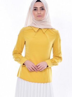 Sefamerve Sarı Gömlek Yaka Bluz