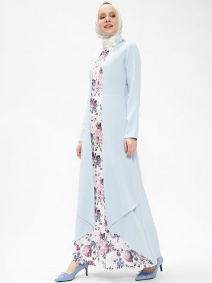 Sevilay Giyim Mavi Çiçek Desenli Garnili Elbise