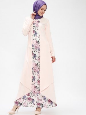 Sevilay Giyim Pudra Çiçek Desenli Garnili Elbise