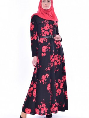 Sefamerve Siyah Kırmızı Desenli Kemerli Elbise
