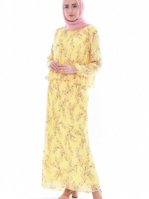 Sefamerve Sarı Piliseli Elbise
