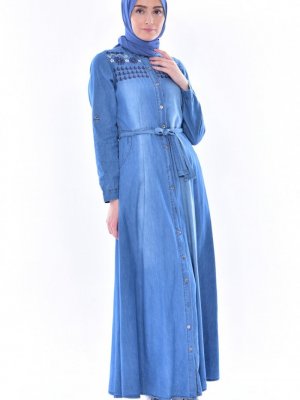 Sefamerve Kot Mavi Nakışlı Kuşaklı Kot Elbise