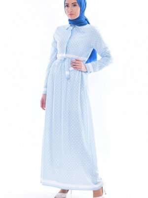 Sefamerve Mavi Puantiyeli Kuşaklı Elbise