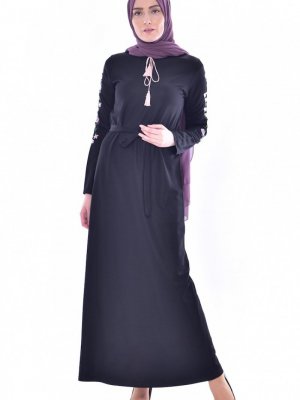 Sefamerve Siyah Kolu Nakışlı Elbise
