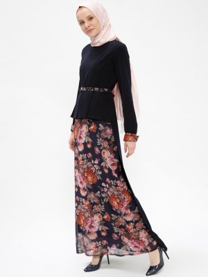 Sevilay Giyim Lacivert Çiçek Desenli Garnili Elbise