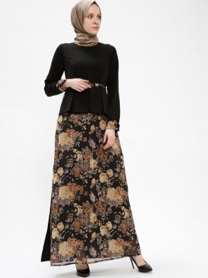 Sevilay Giyim Siyah Çiçek Desenli Garnili Elbise