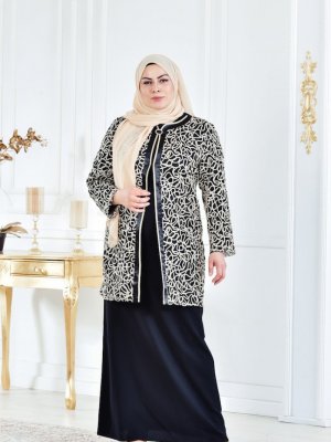 Sefamerve Siyah Gold Buyuk Beden Abiye Ikili Takim Devr I Tesettur