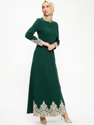 MEKSİLA Yeşil Güpür Detaylı Elbise