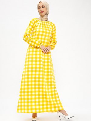 ModaNaz Sarı Gipe Detaylı Elbise
