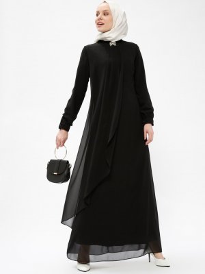 Sevilay Giyim Siyah Broş Detaylı Elbise